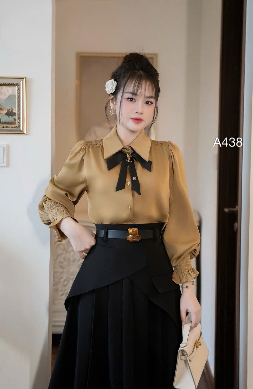 A438 áo tay nhún nơ cổ