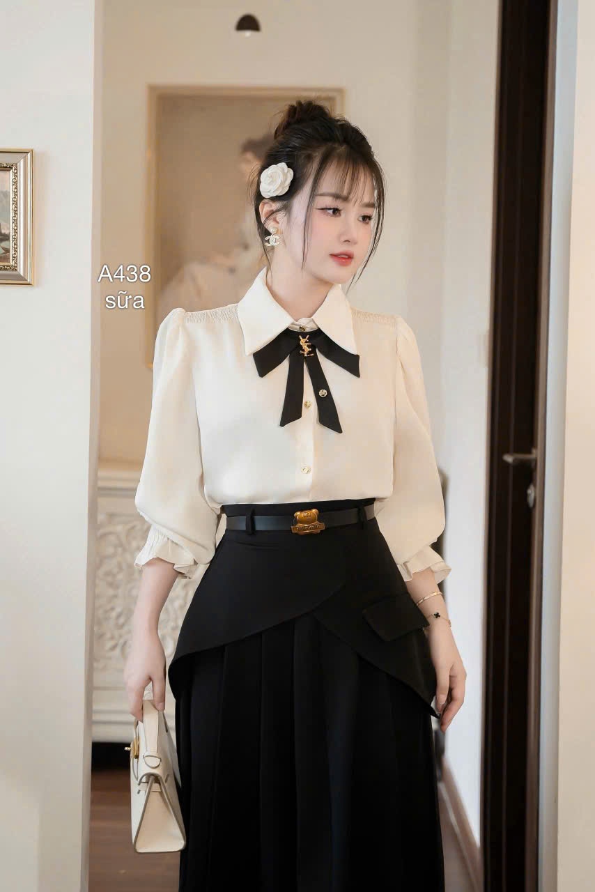 A438 áo tay nhún nơ cổ