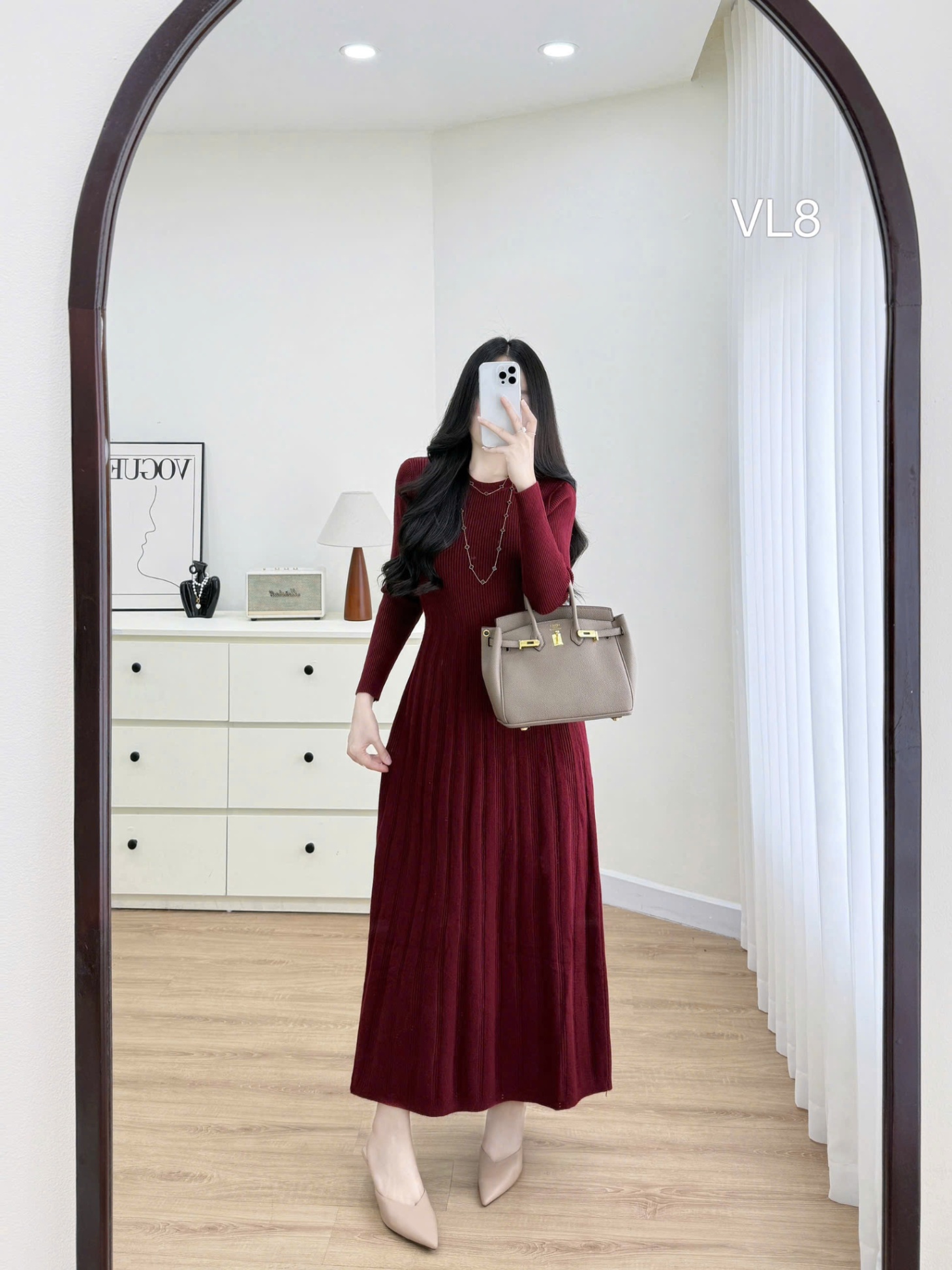 VL8 Váy len xòe ly cổ tròn