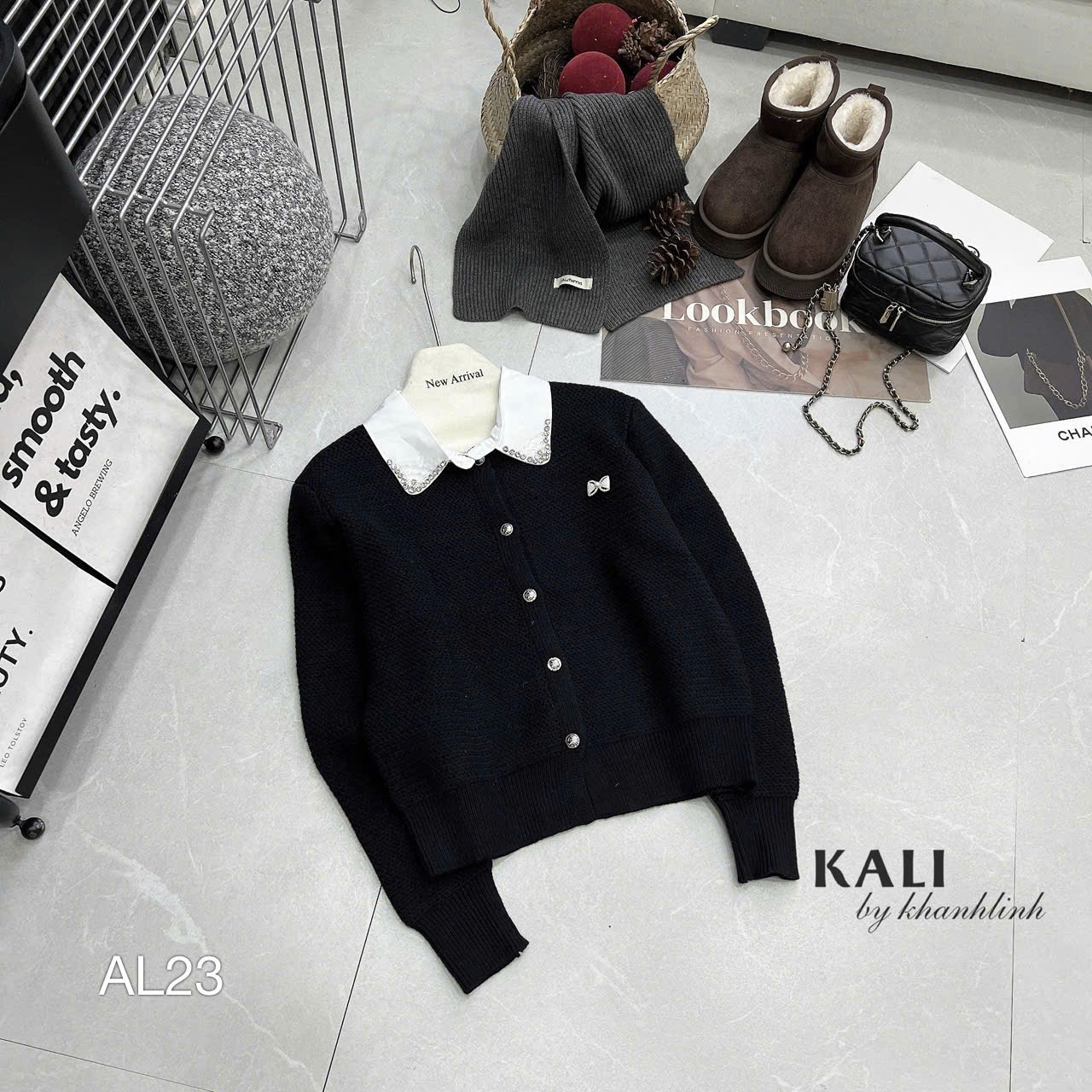 AL23 Áo len cổ sơ mi đá tag nơ