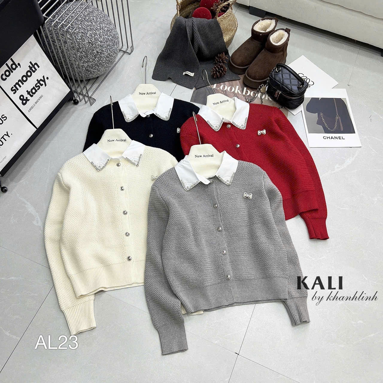 AL23 Áo len cổ sơ mi đá tag nơ