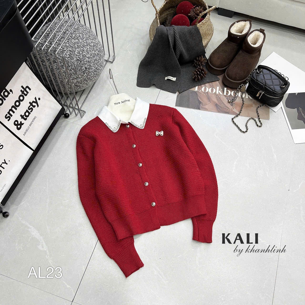 AL23 Áo len cổ sơ mi đá tag nơ