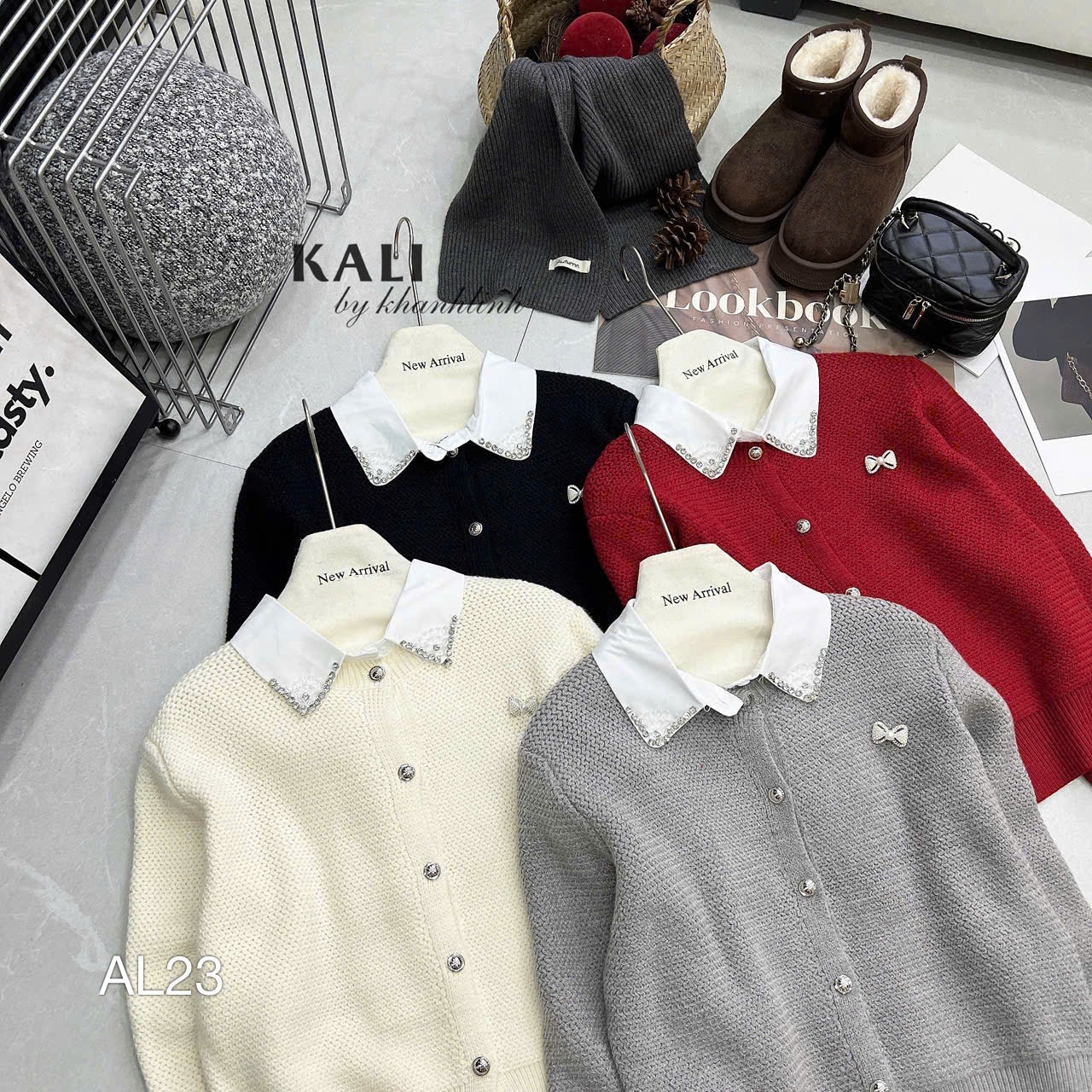 AL23 Áo len cổ sơ mi đá tag nơ