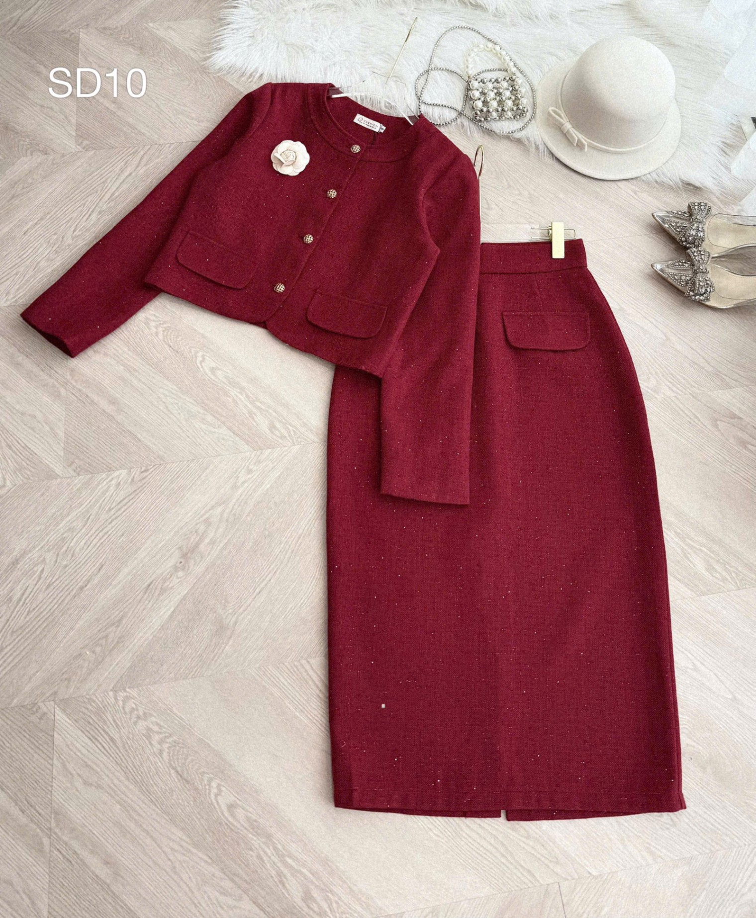 SD10 Sét dạ hoa trà cổ tròn