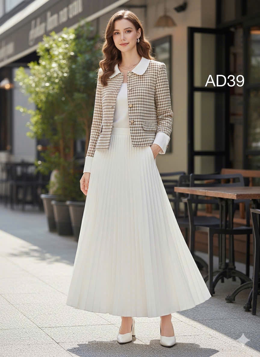 AD39 Áo dạ kẻ phối cổ trắng