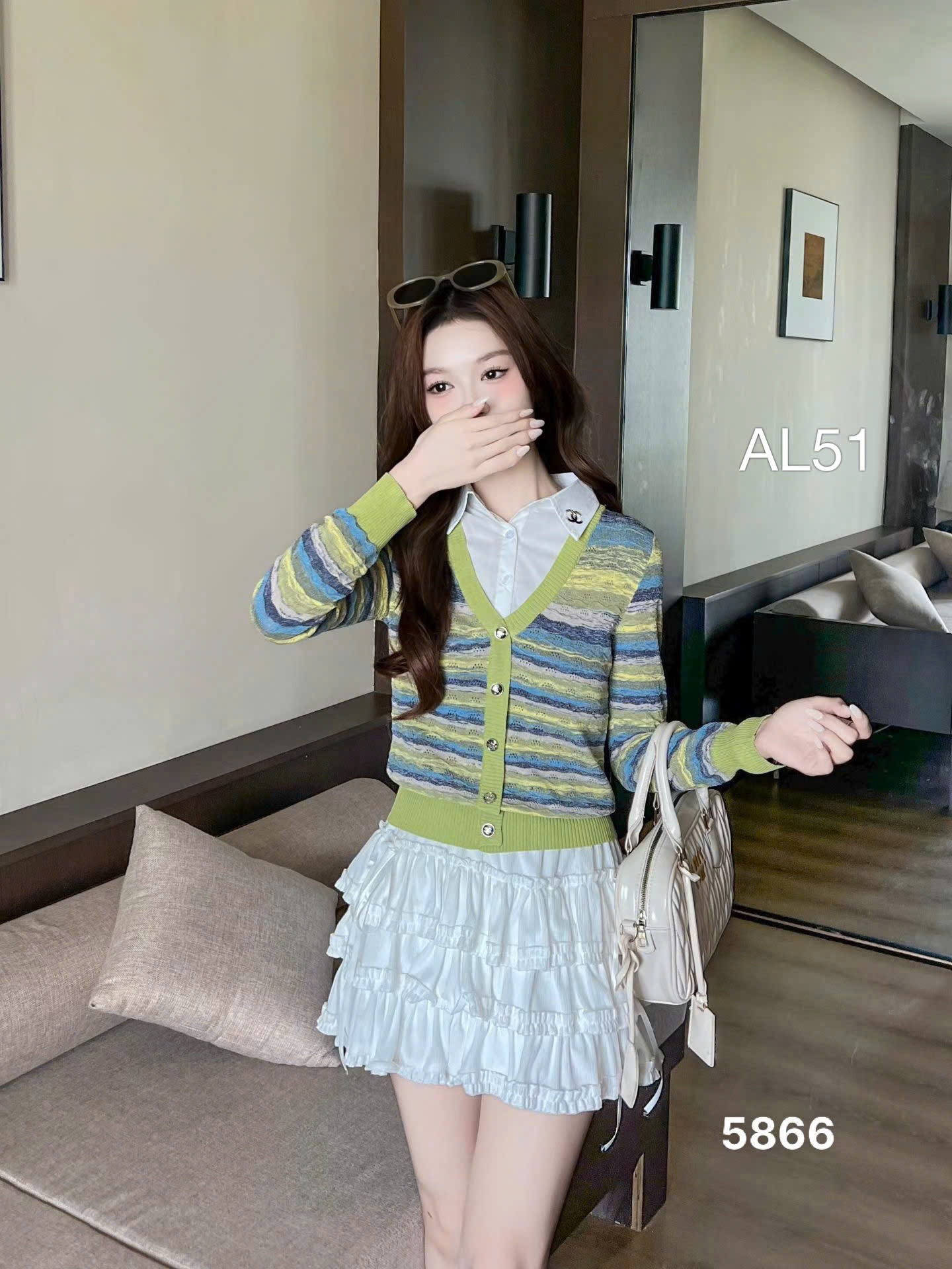 AL51 len kẻ phối cổ sơ mi