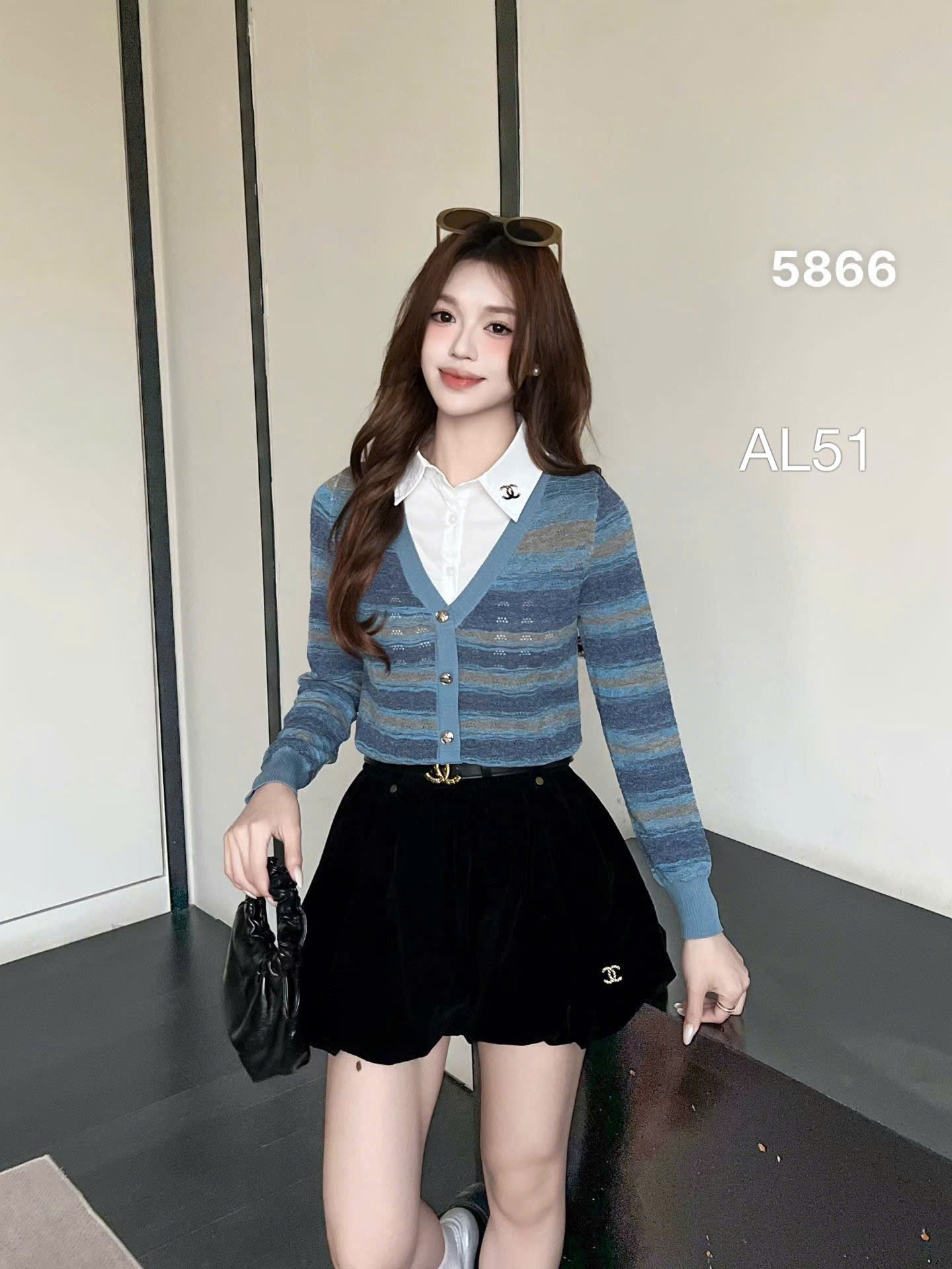 AL51 len kẻ phối cổ sơ mi