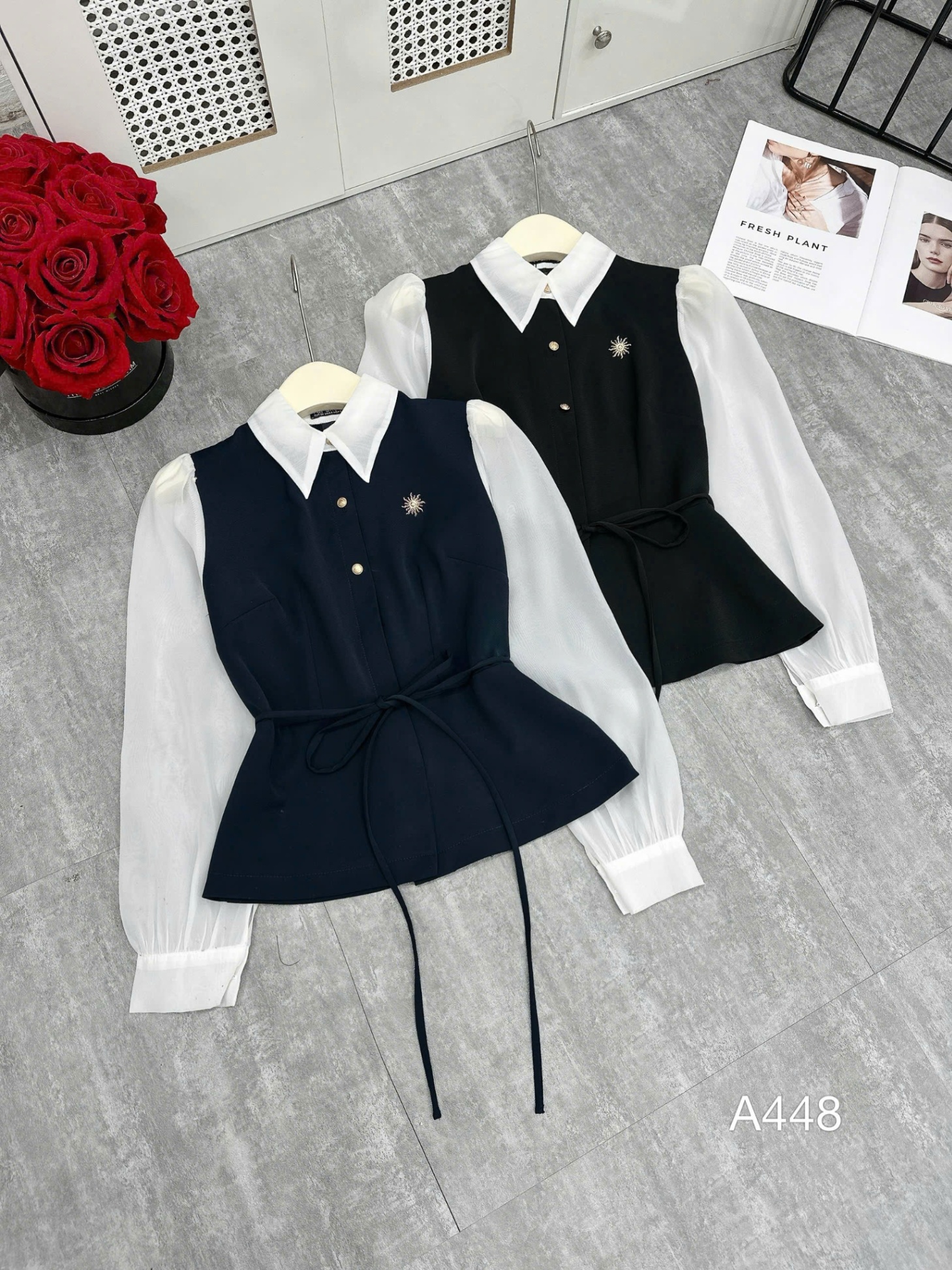 A448 Áo peplum cổ nhọn tay tơ
