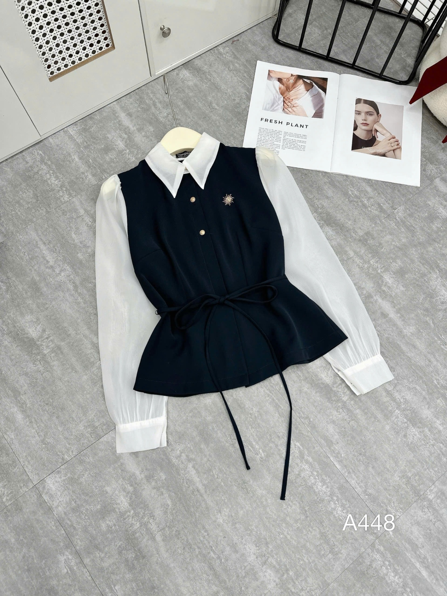 A448 Áo peplum cổ nhọn tay tơ