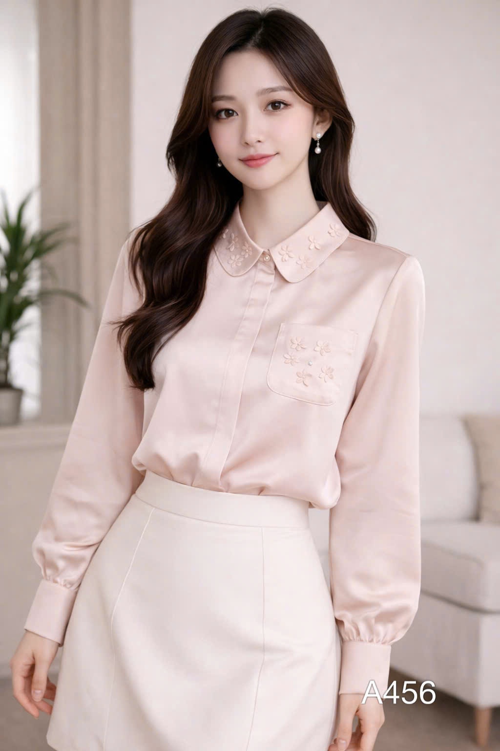 A456 ÁO sơ mi lụa túi hoa