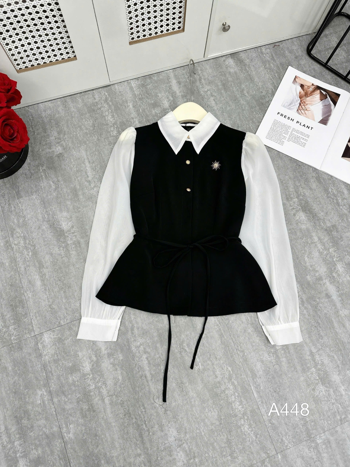 A448 Áo peplum cổ nhọn tay tơ