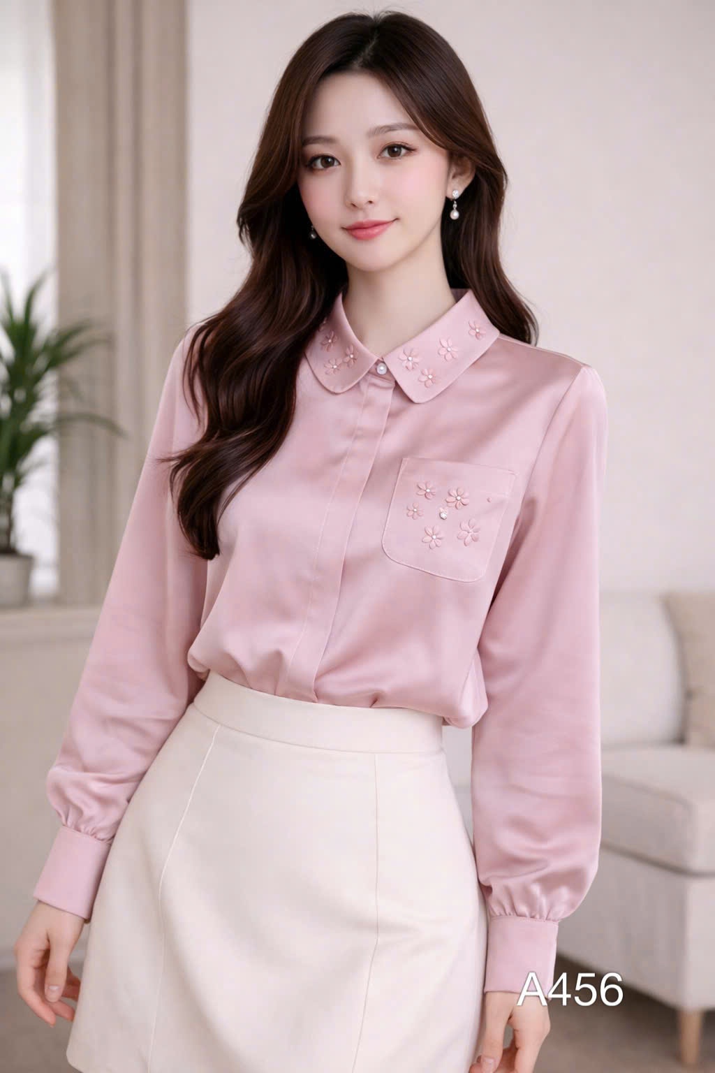 A456 ÁO sơ mi lụa túi hoa