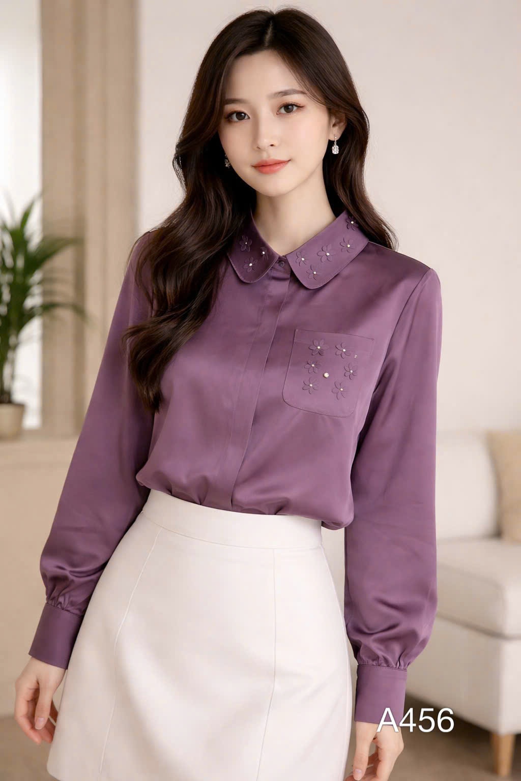 A456 ÁO sơ mi lụa túi hoa