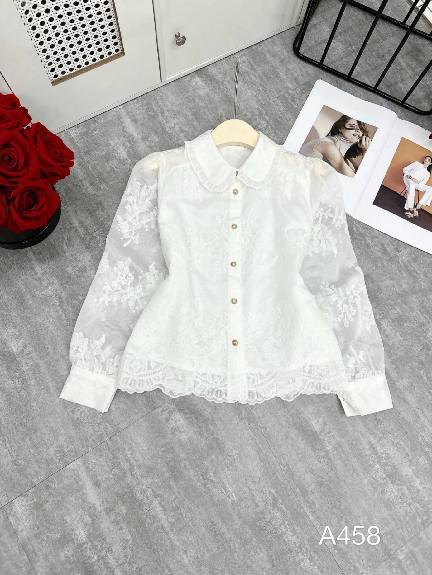 a458 Áo ren dài tay cổ nhọn