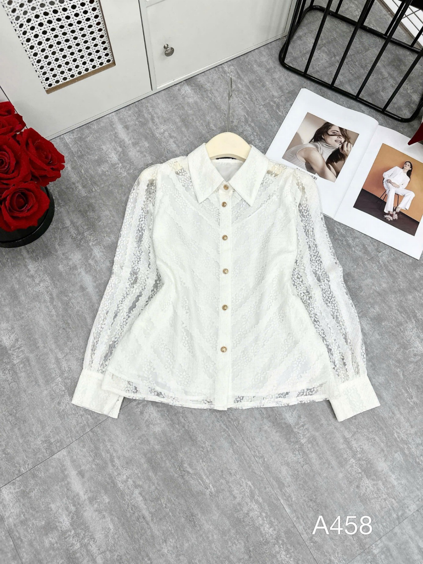 a458 Áo ren dài tay cổ nhọn
