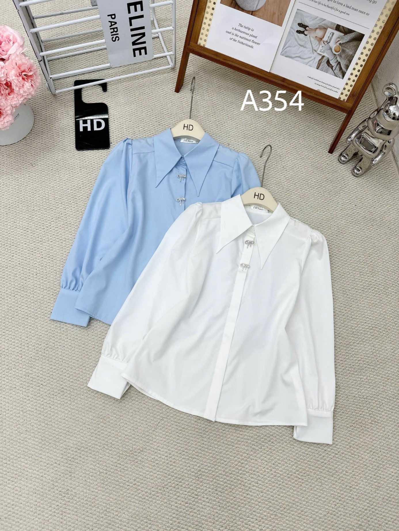 A354 Áo sơ mi tay dài cổ nhọn tag nơ