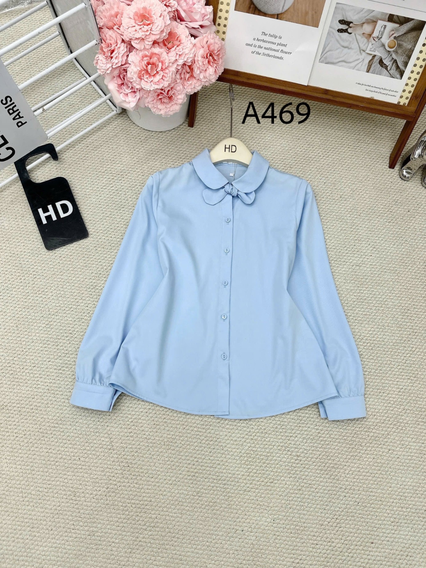 A469 Áo sơ mi cổ sen kèm nơ rời