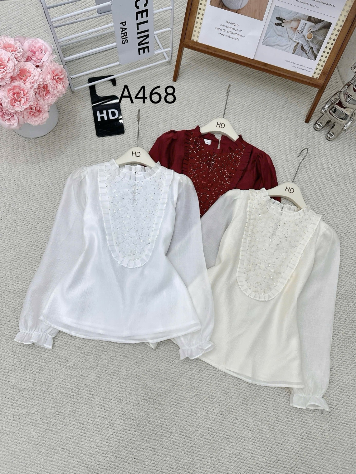 A468 Áo sơ mi cổ hoa cườm