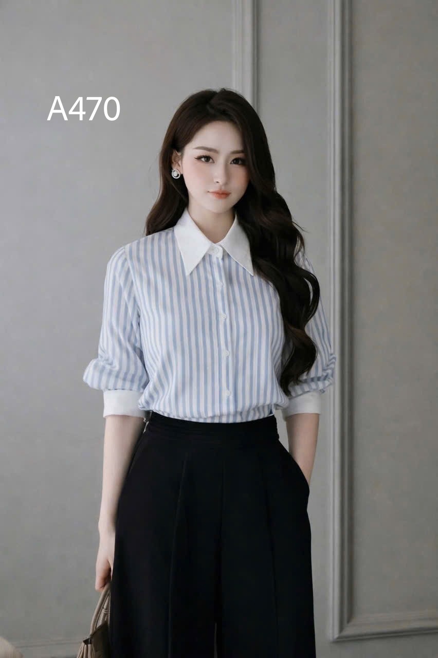 A470 Áo sơ mi kẻ sọc cổ nhọn
