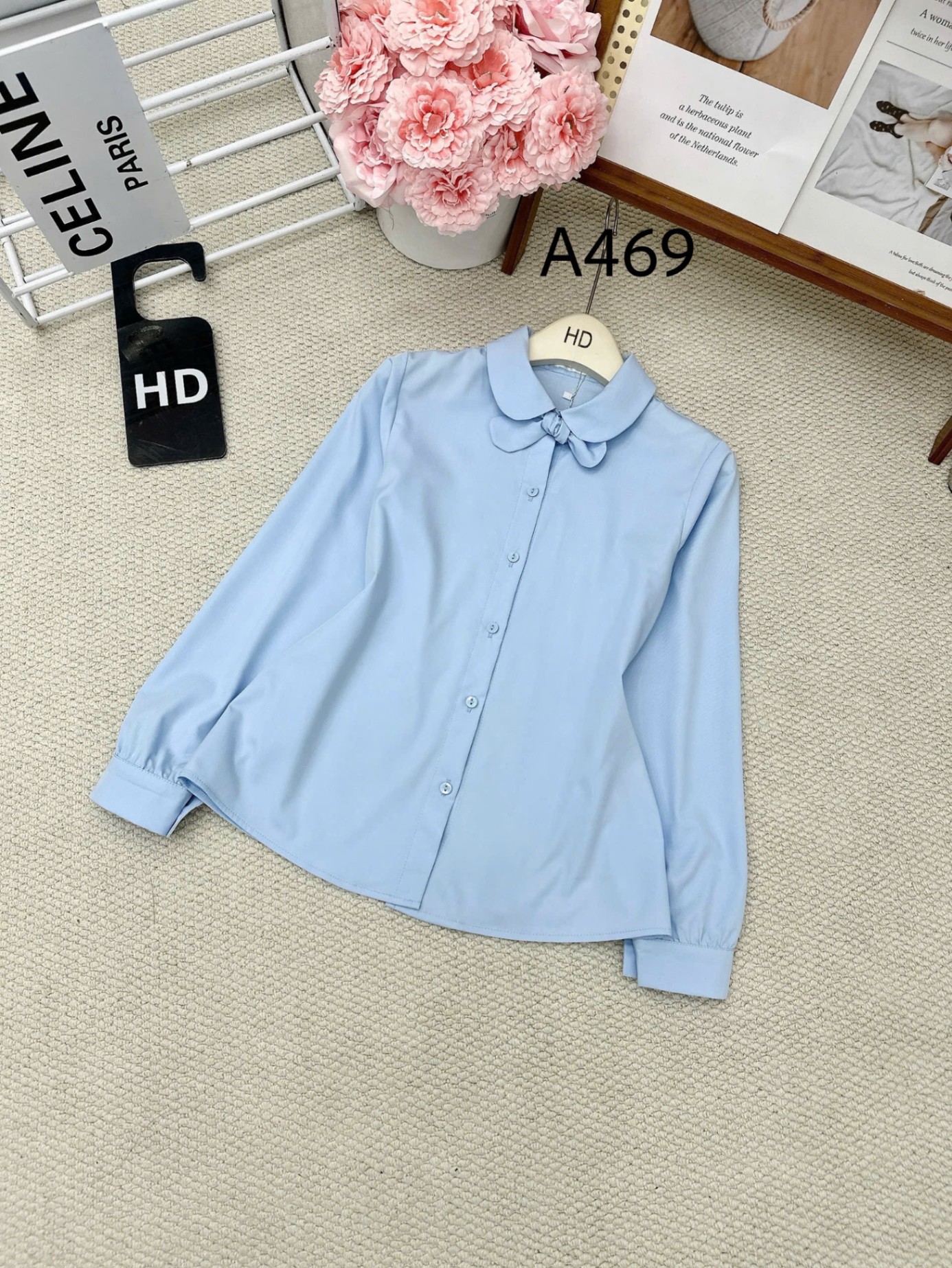 A469 Áo sơ mi cổ sen kèm nơ rời