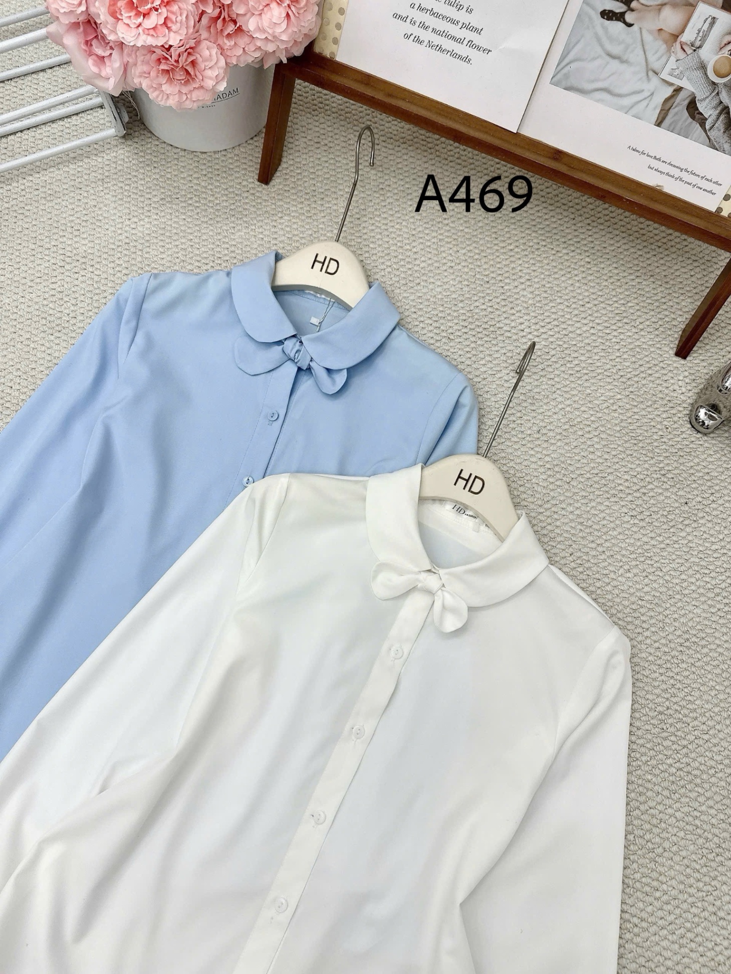 A469 Áo sơ mi cổ sen kèm nơ rời