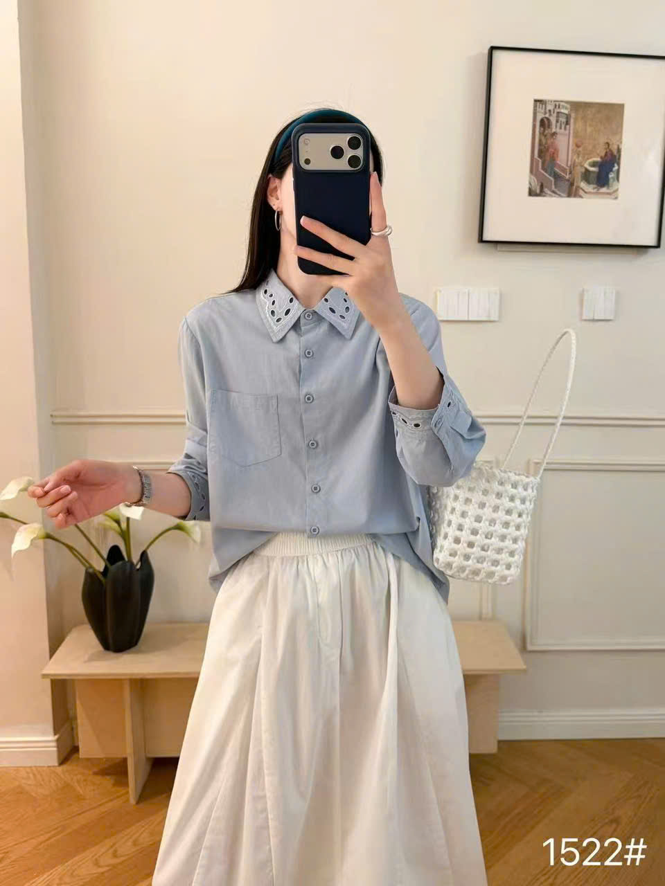 A1522 áo sơ mi dài tay cổ khoét lỗ