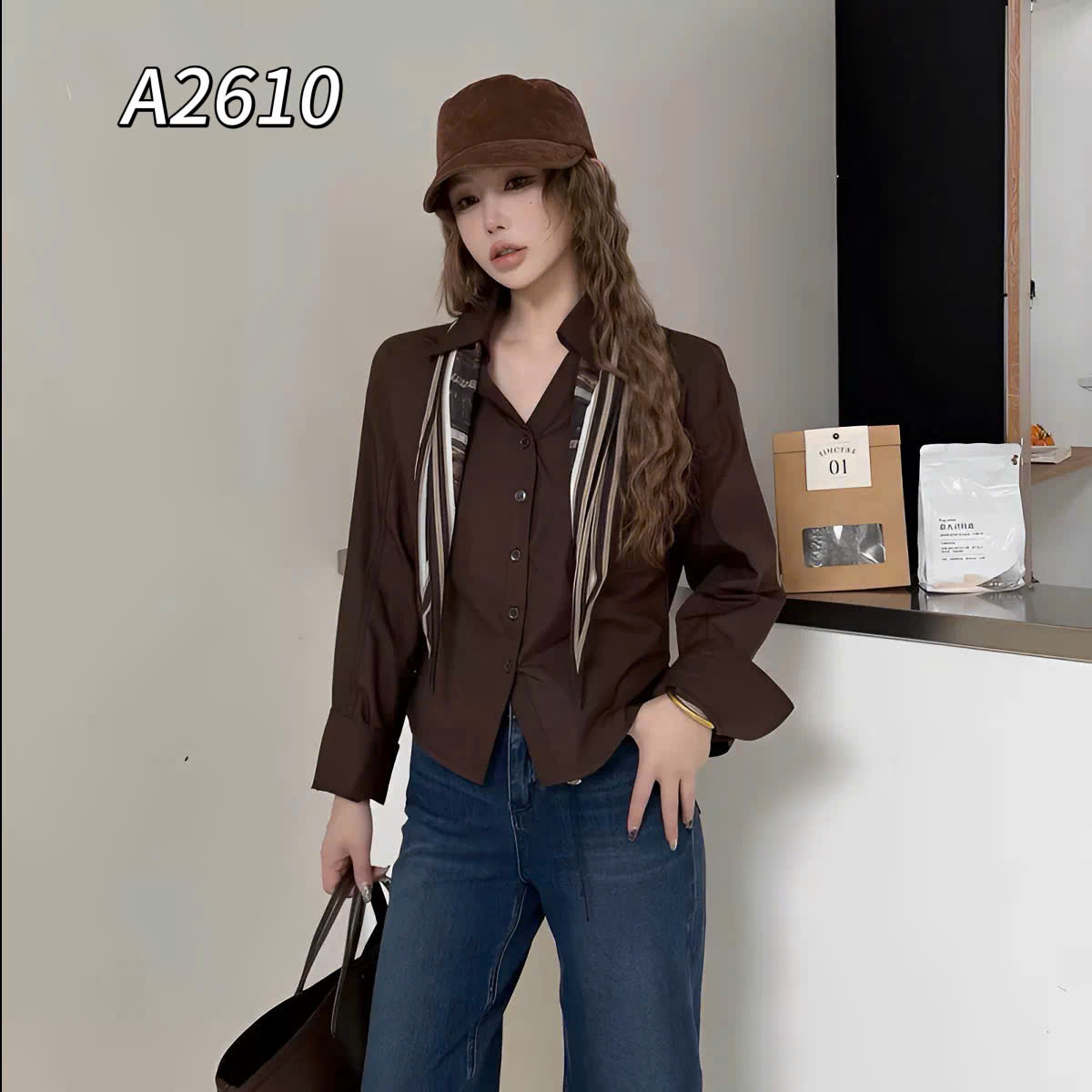A2610 Áo sơ kiểu kèm khăn QC