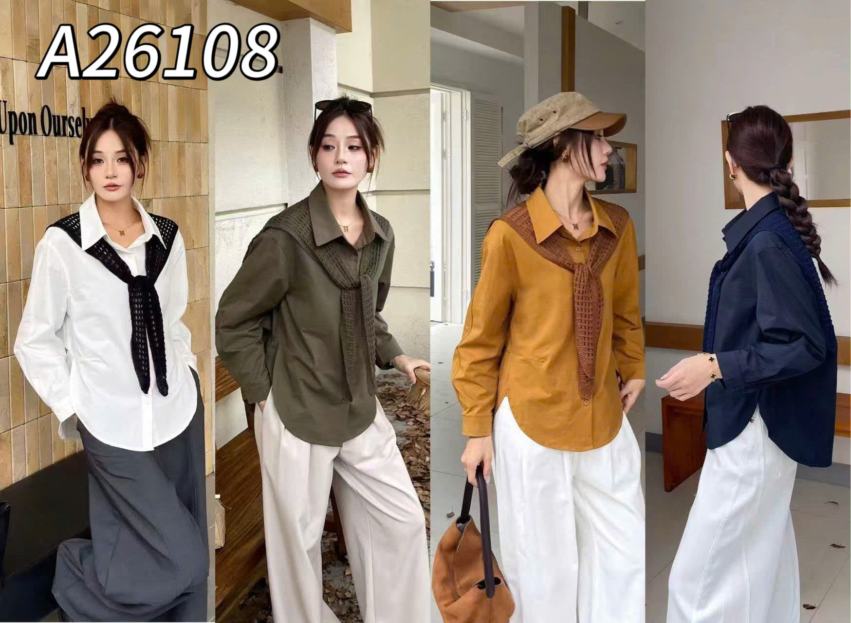 A26108 Áo sơ mi dài tay kèm khăn lưới