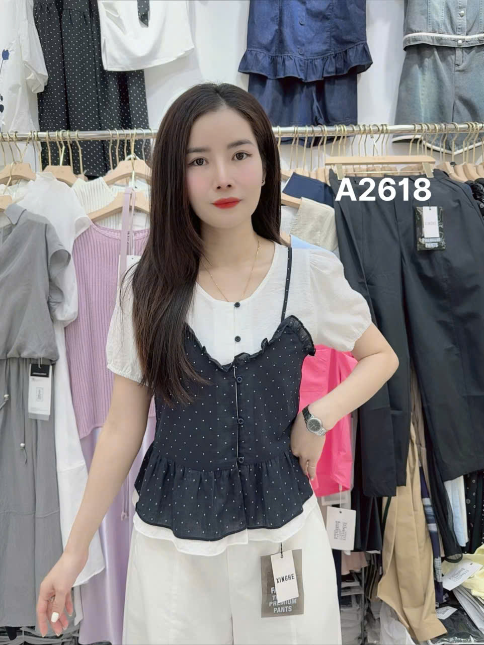 A2618 Sét ao sơ mi 2 dây chấm bi