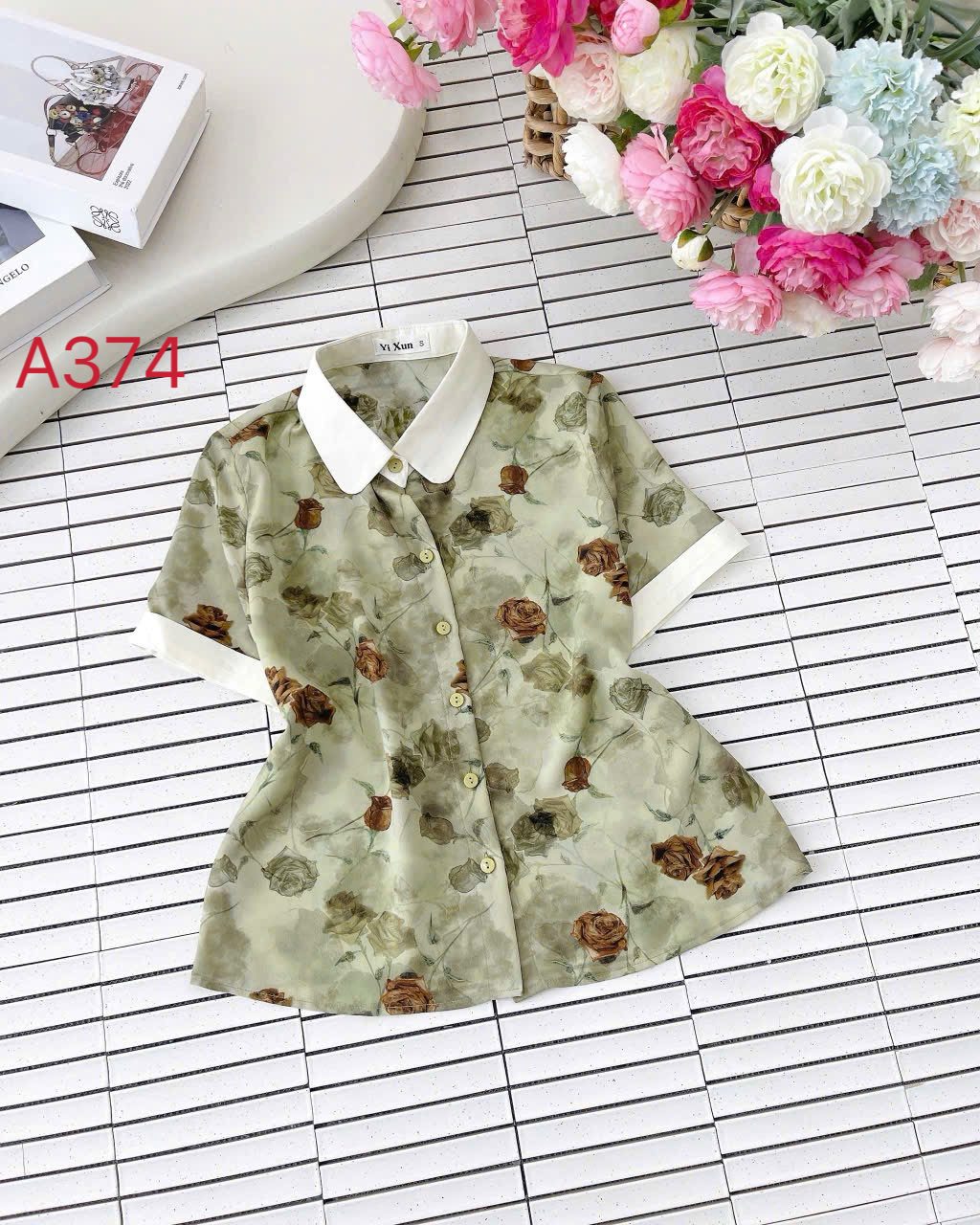 A374 Áo sơ mi hoa cổ phối