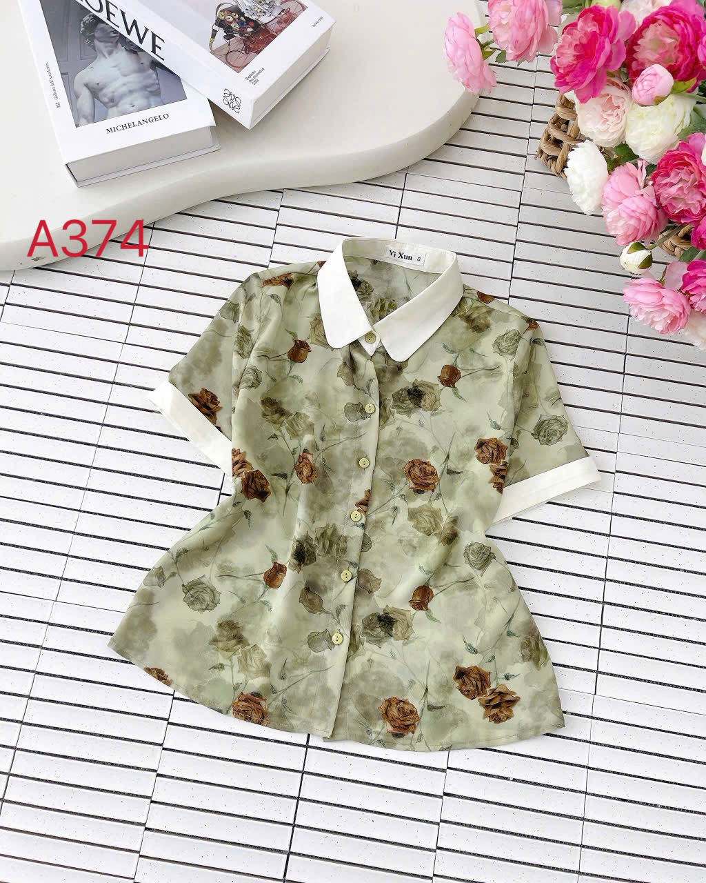 A374 Áo sơ mi hoa cổ phối
