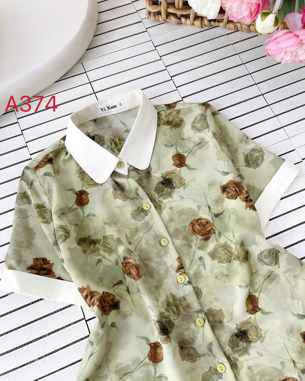 A374 Áo sơ mi hoa cổ phối