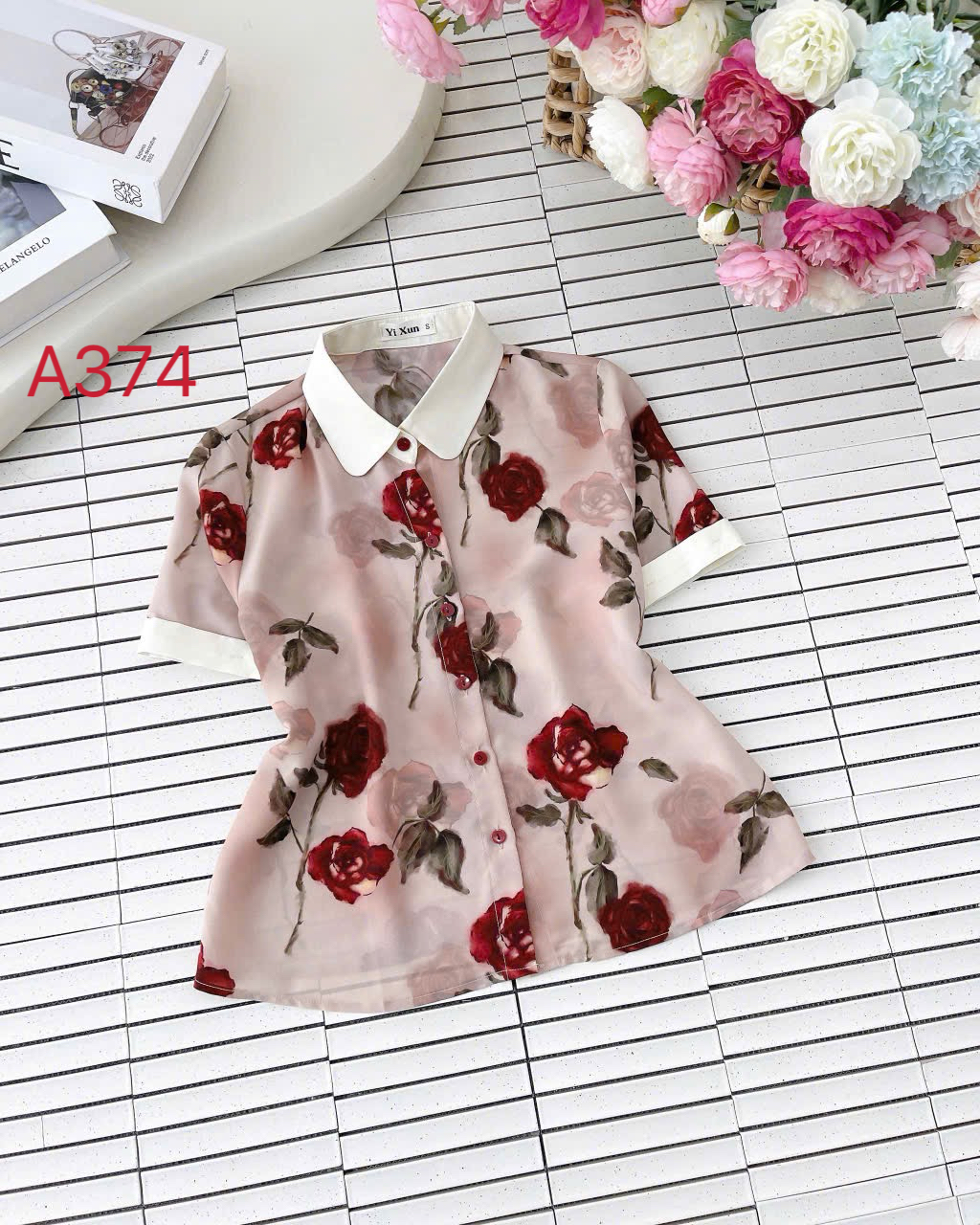 A374 Áo sơ mi hoa cổ phối