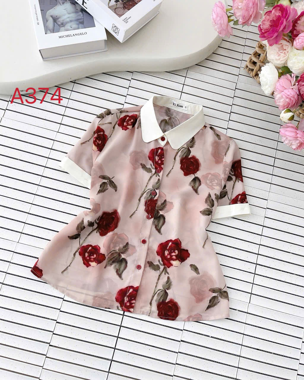 A374 Áo sơ mi hoa cổ phối