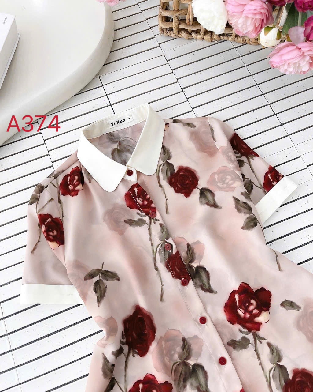 A374 Áo sơ mi hoa cổ phối