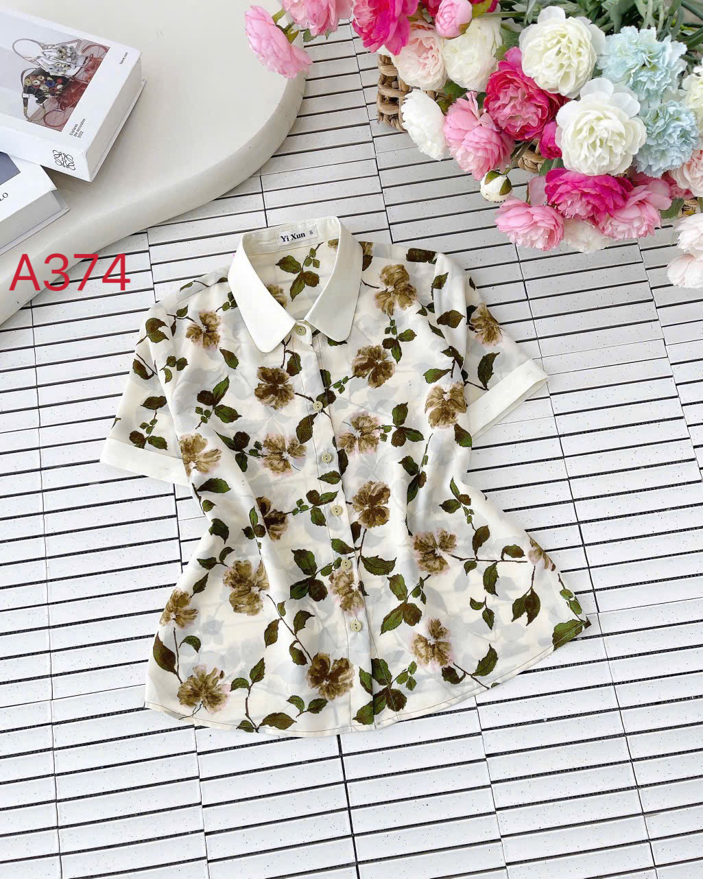 A374 Áo sơ mi hoa cổ phối