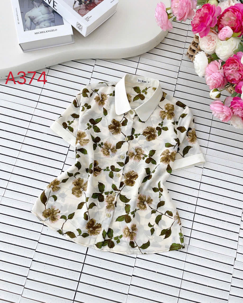 A374 Áo sơ mi hoa cổ phối