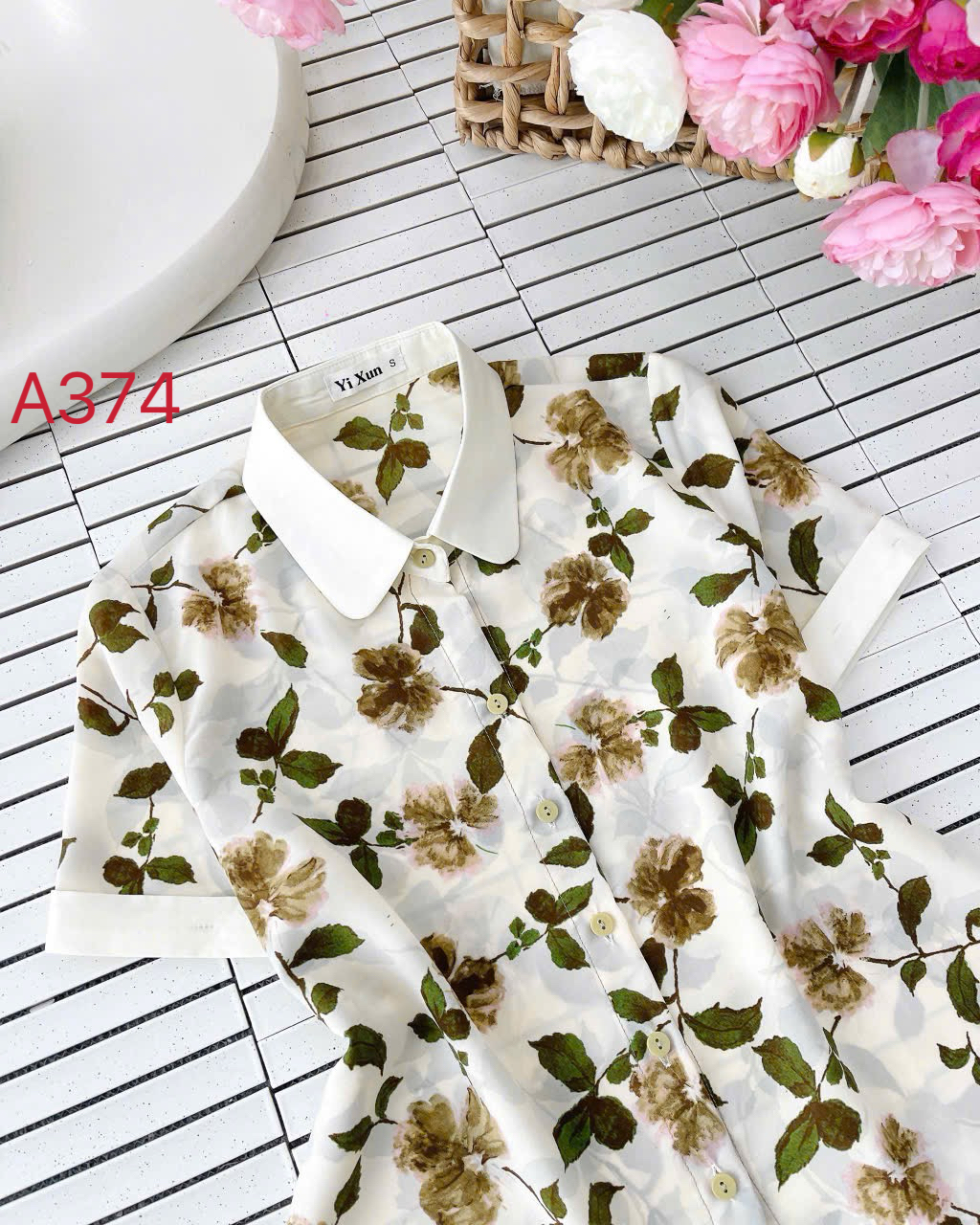 A374 Áo sơ mi hoa cổ phối