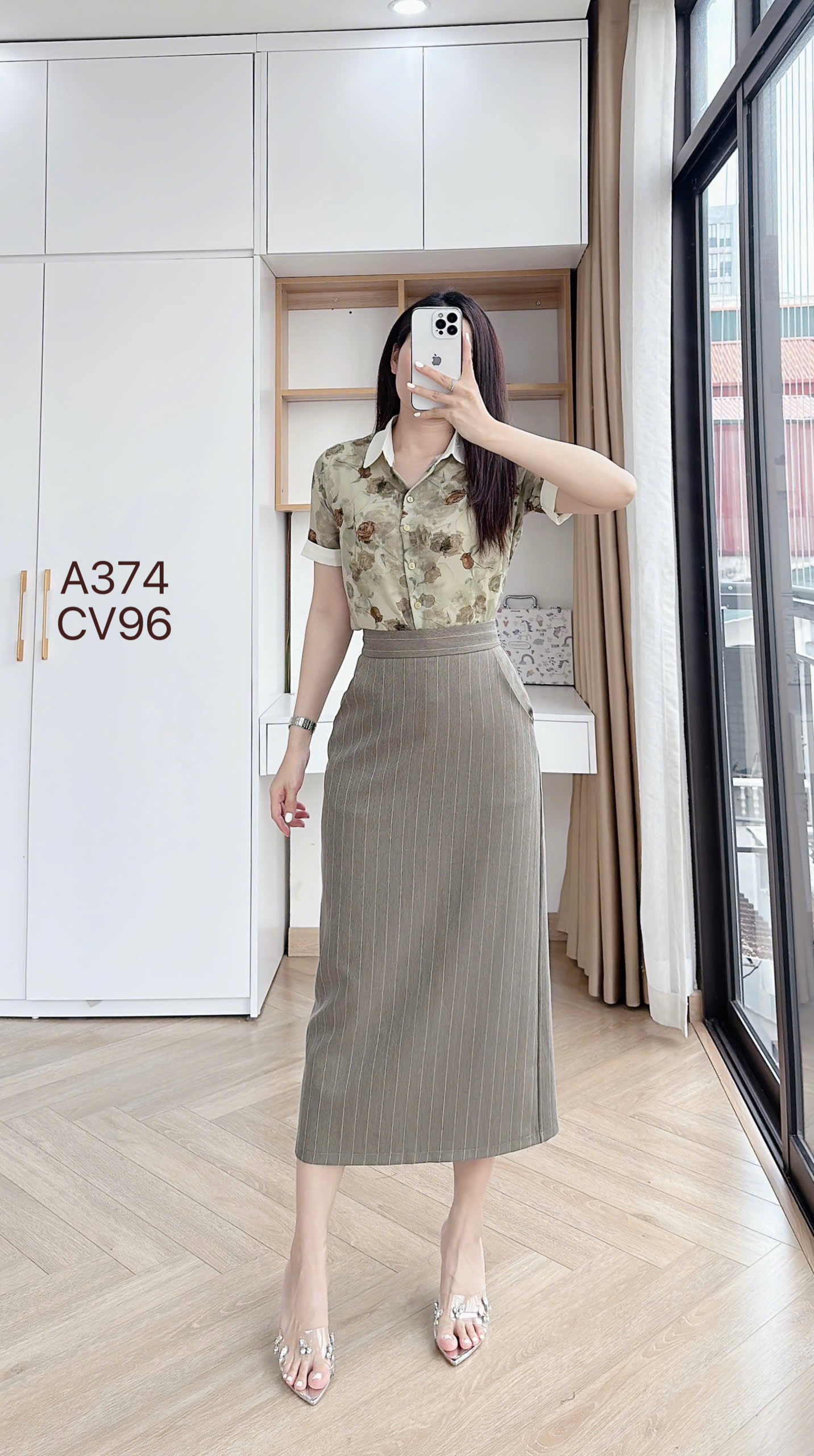 A374 Áo sơ mi hoa cổ phối