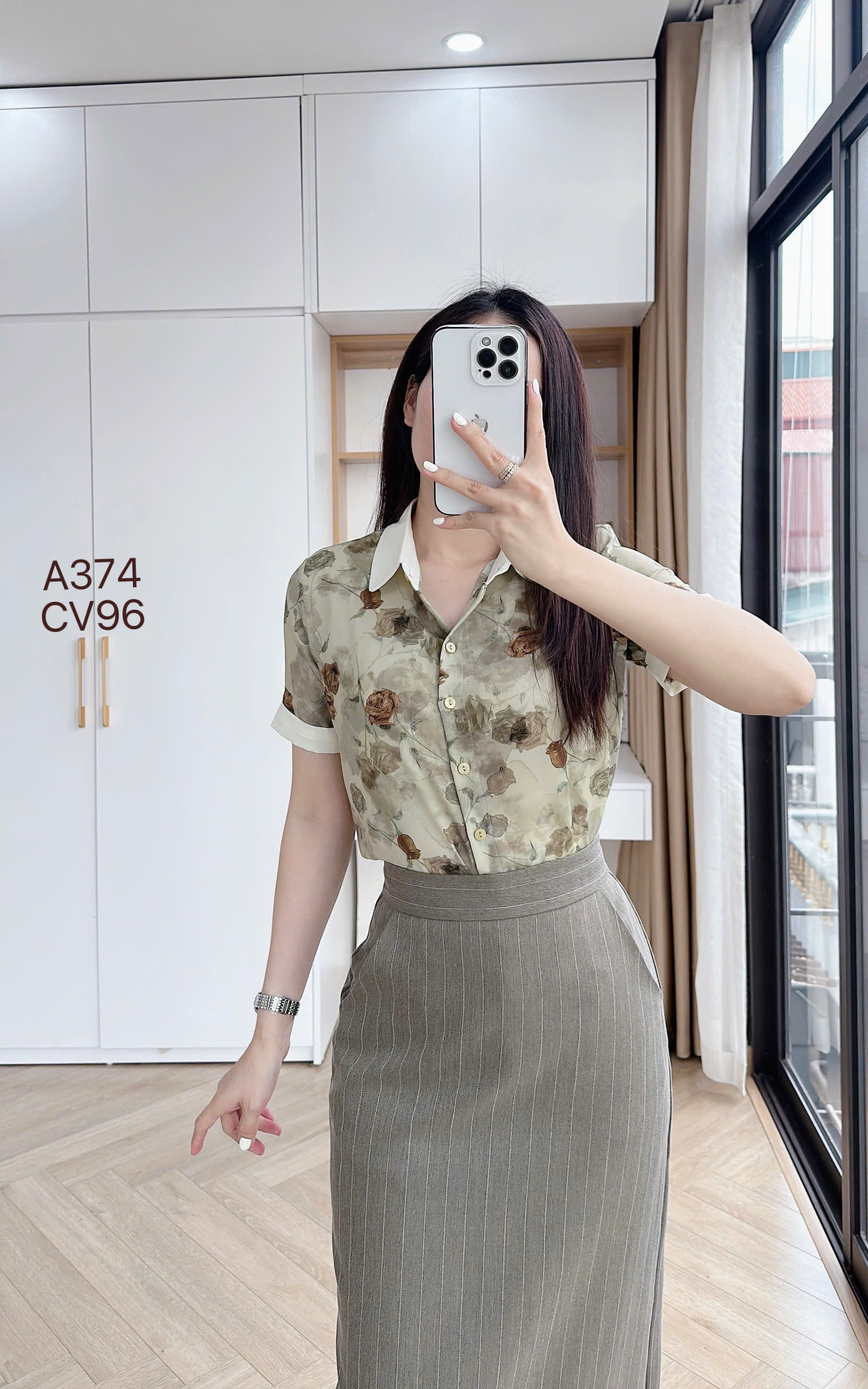 A374 Áo sơ mi hoa cổ phối
