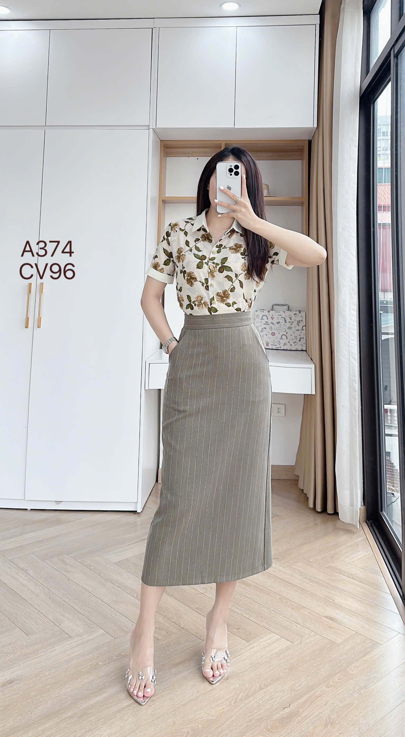 A374 Áo sơ mi hoa cổ phối