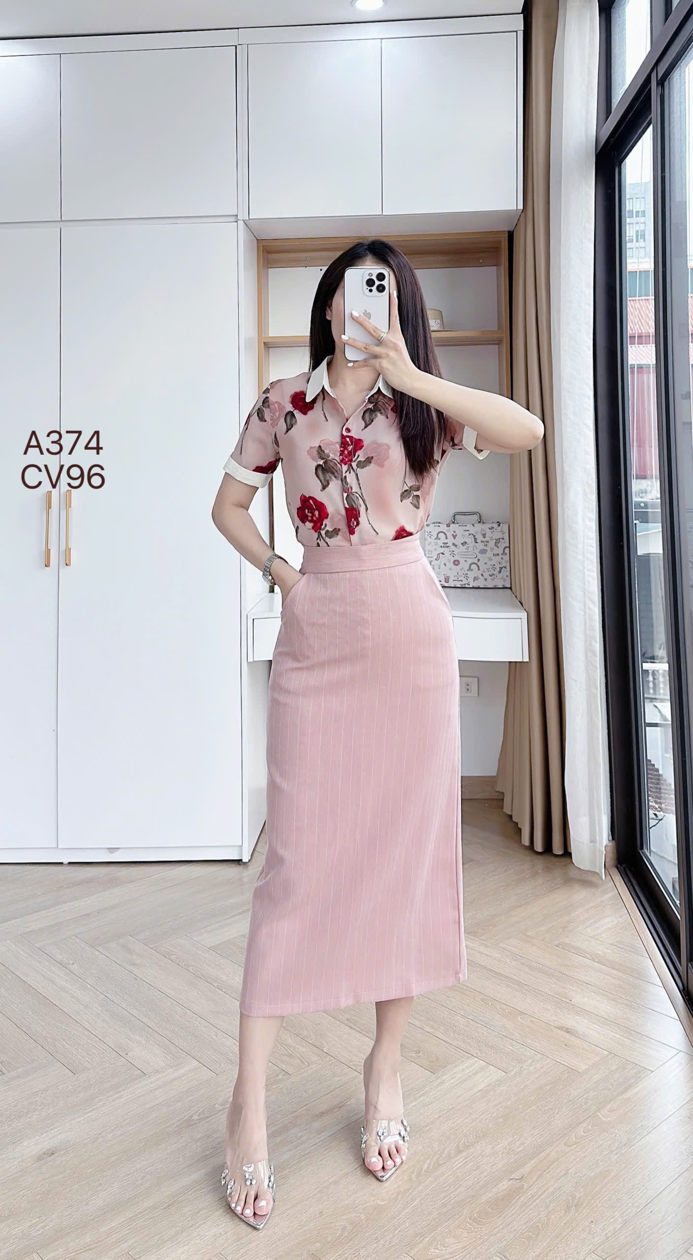 A374 Áo sơ mi hoa cổ phối