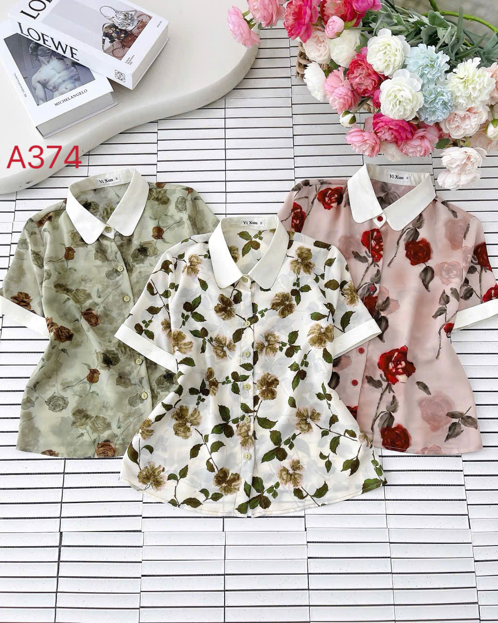A374 Áo sơ mi hoa cổ phối