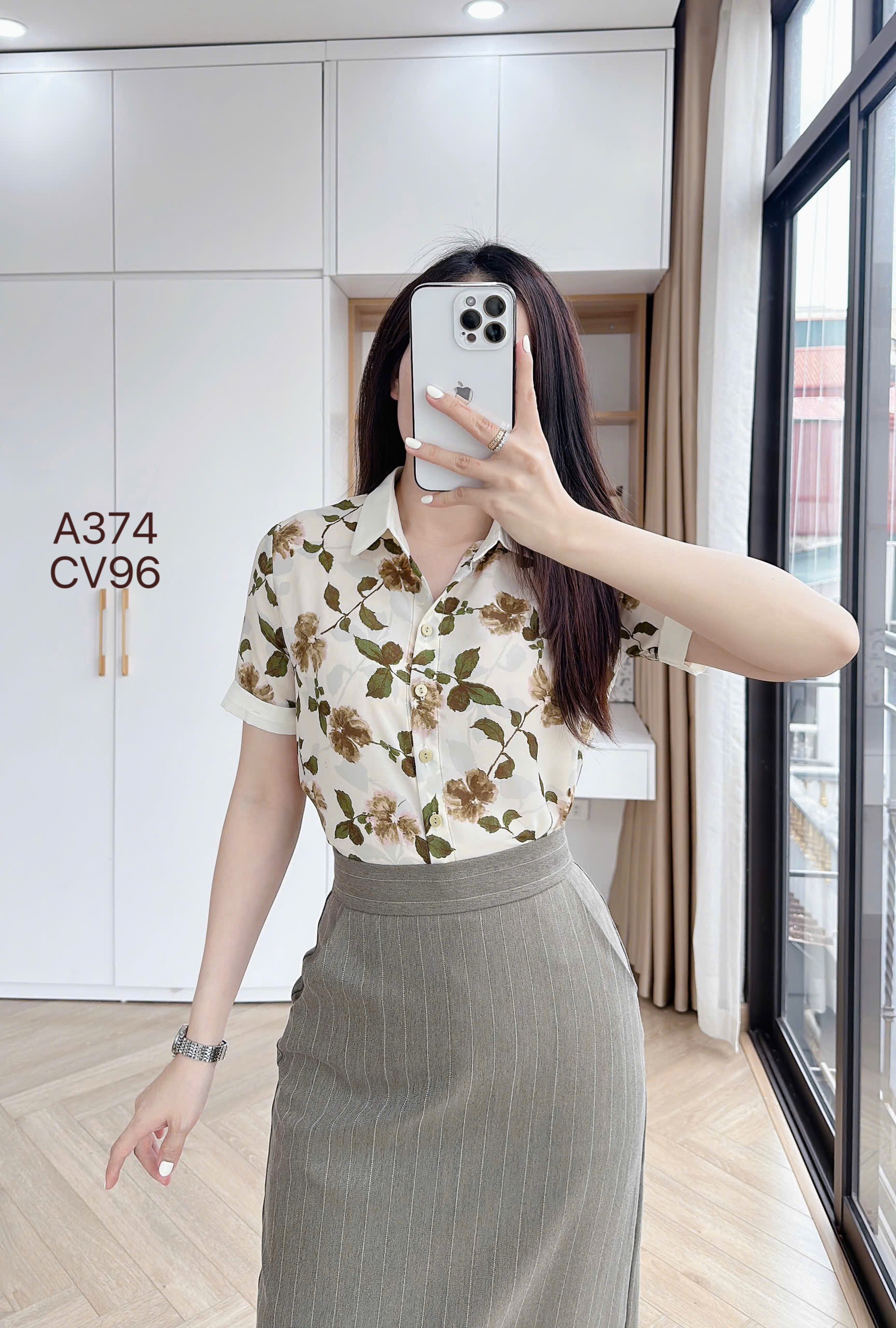 A374 Áo sơ mi hoa cổ phối