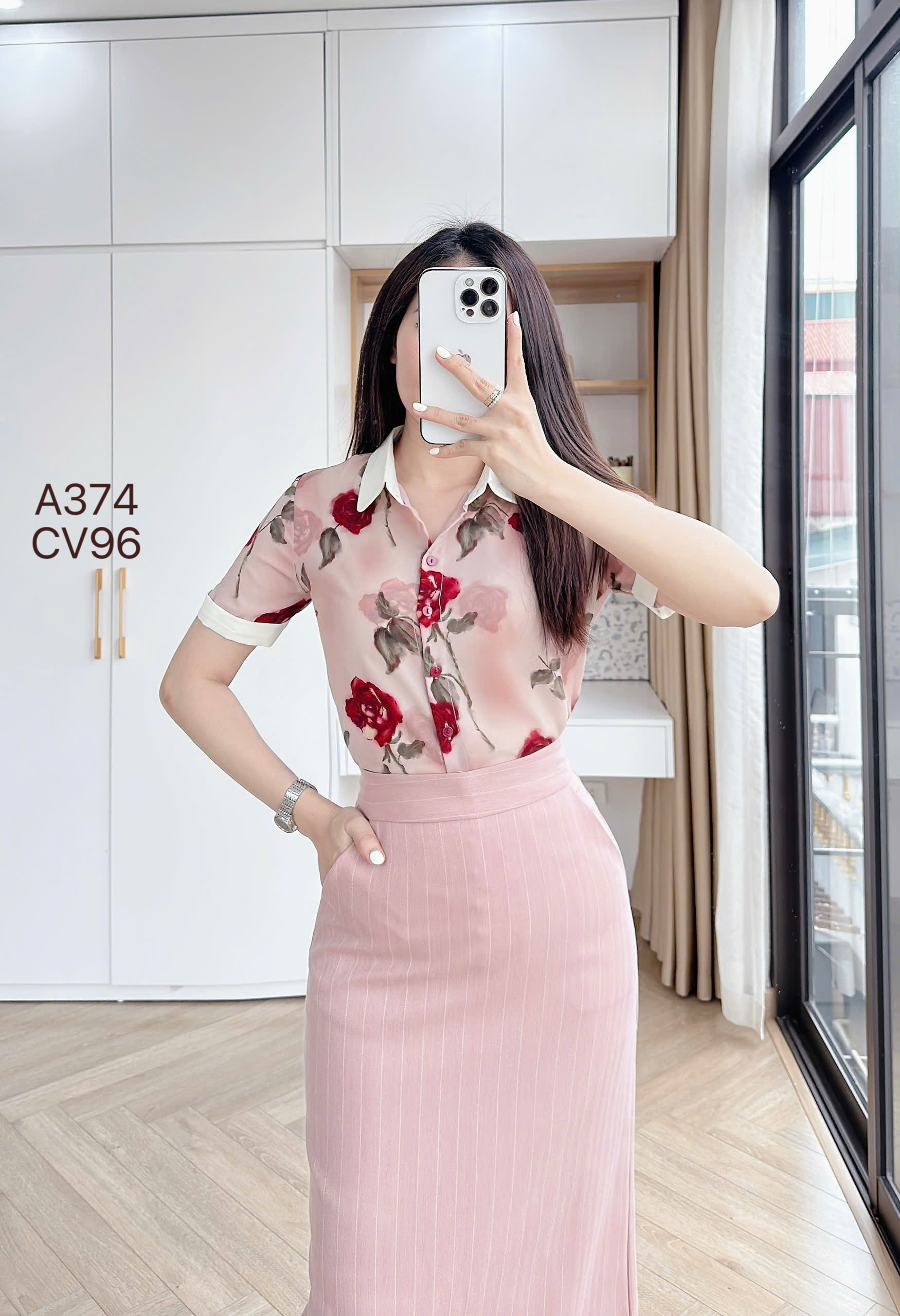 A374 Áo sơ mi hoa cổ phối