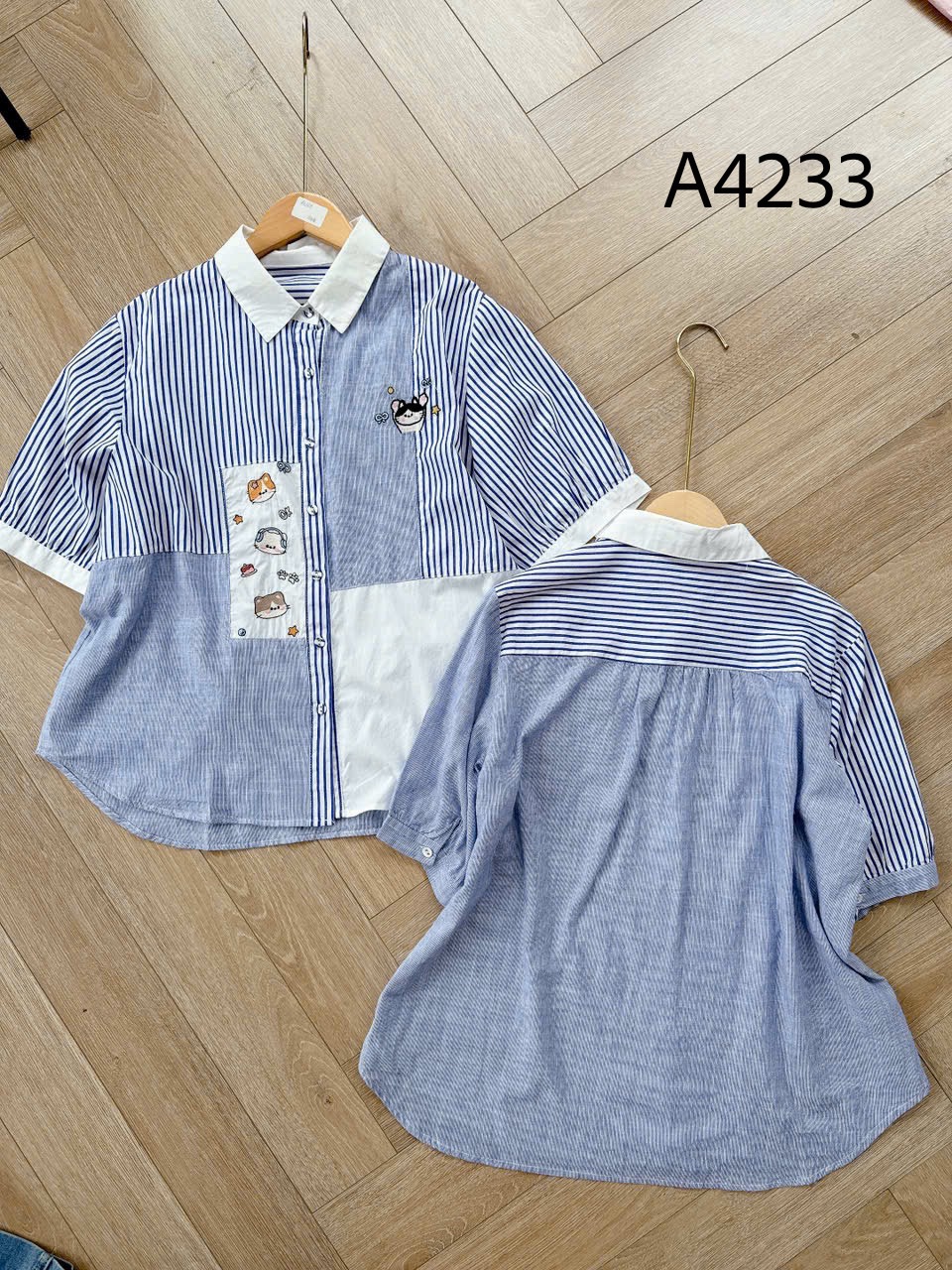 A4233 Áo sơ mi phối cổ trắng thêu hình