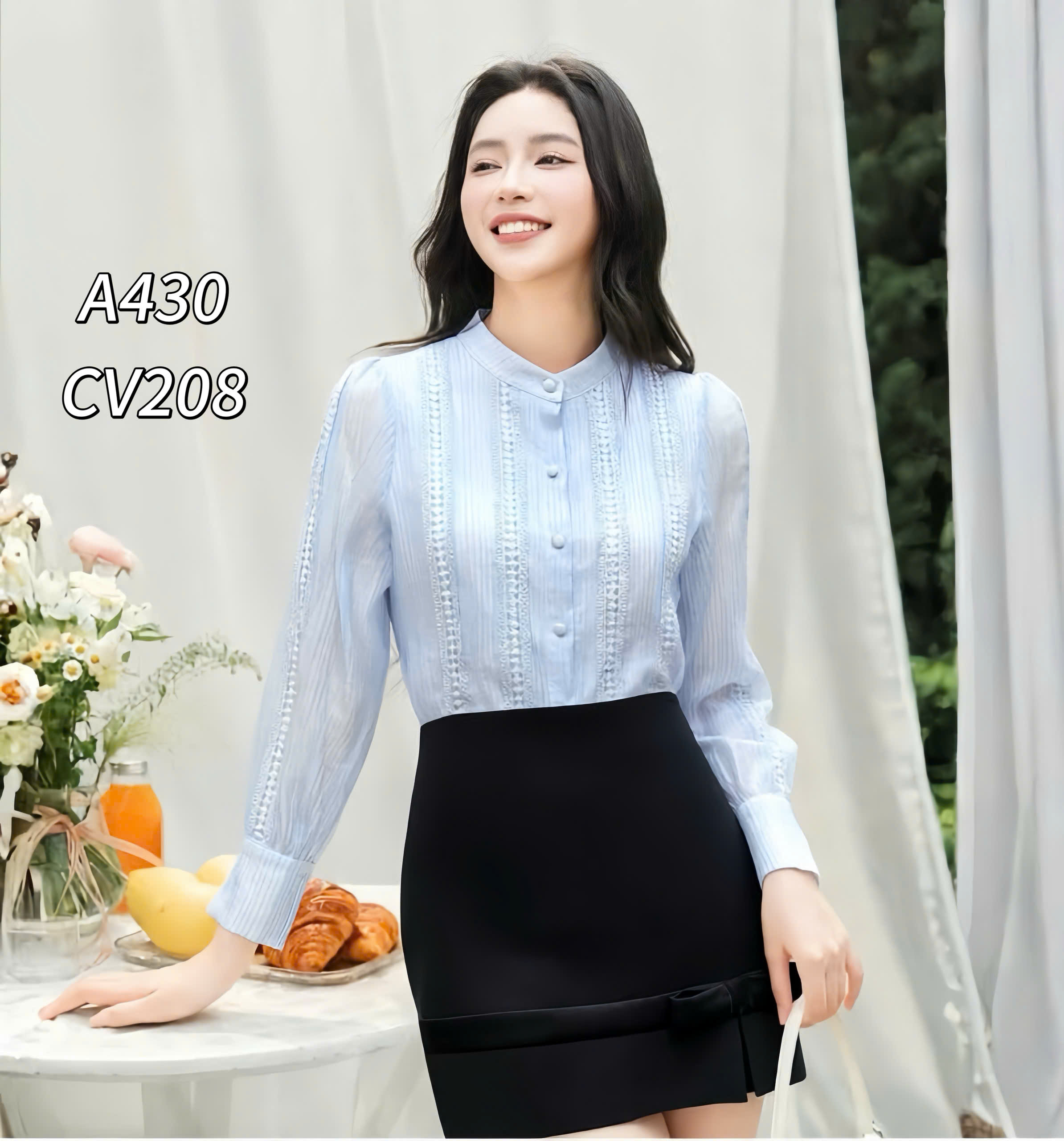 A430 áo tơ phối ren dài tay