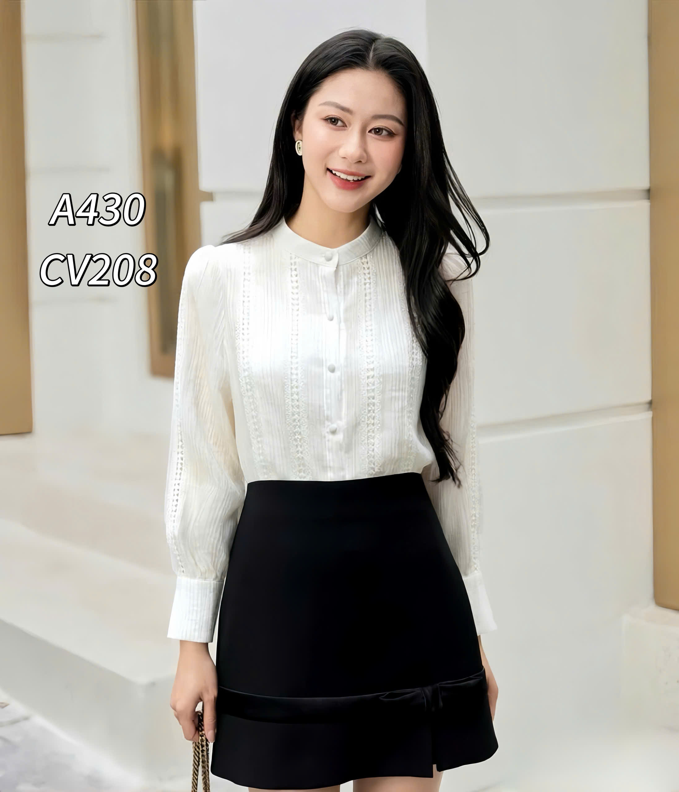 A430 áo tơ phối ren dài tay