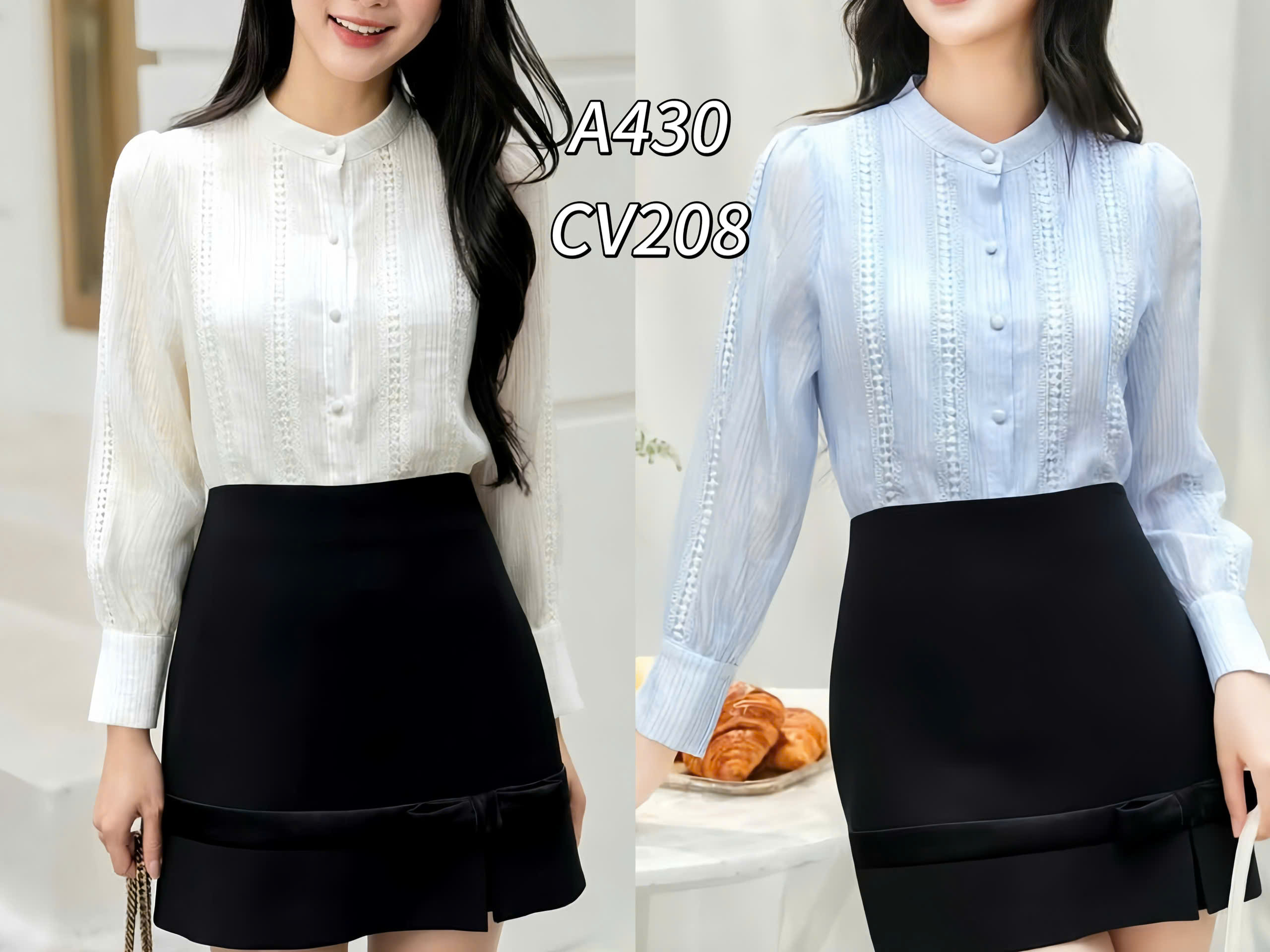 A430 áo tơ phối ren dài tay