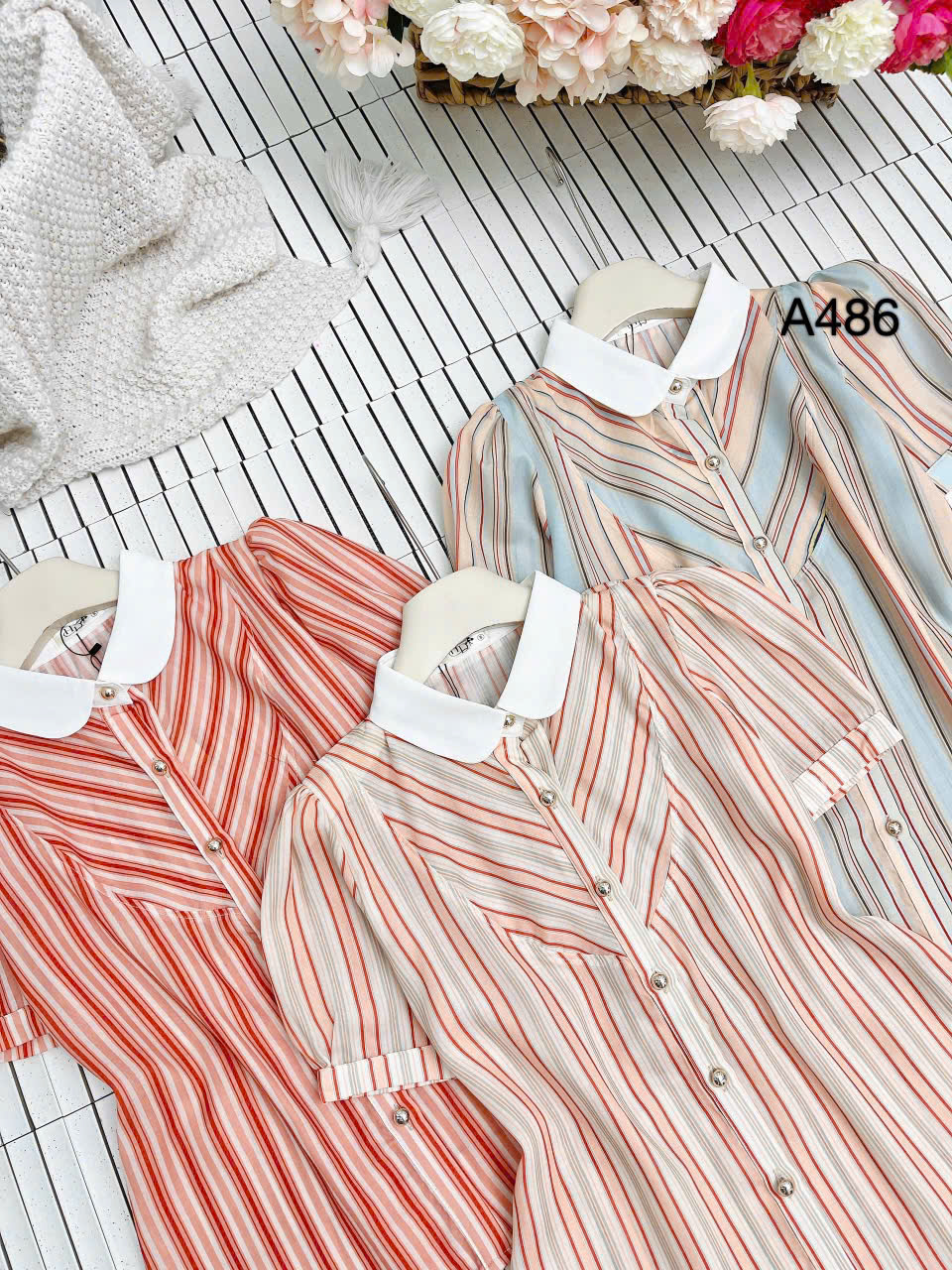 A486 áo kẻ cổ sen